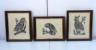 Vintage Set Of 3 Abstract Owl Art Work By Patric Mid Century Modern photo