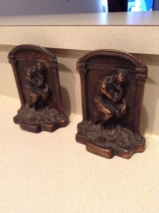 Antique Brass / Bronze Statue Bookends Of Greek Roman Sitting On Rock Thinking photo