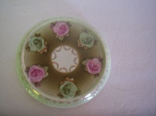 Antique Porcelain Jardiniere Base Trivet Stand Victorian Green Pink Roses Star photo