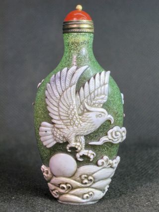 Fine Chinese Hawk Crane Carved Peking Overlay Glass Snuff Bottle photo