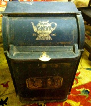 Antique Tole Tin Tea Bin Circa 1800 ' S Van Dyk Black Gold Labels Old photo