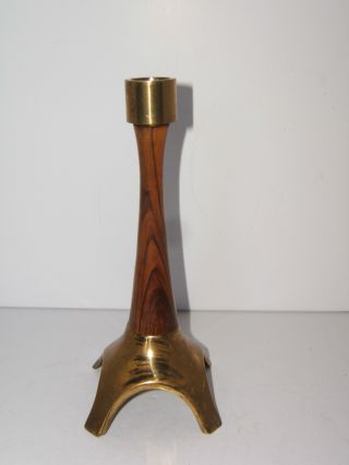 Antique Brass & Wood Candle Holder / 8 