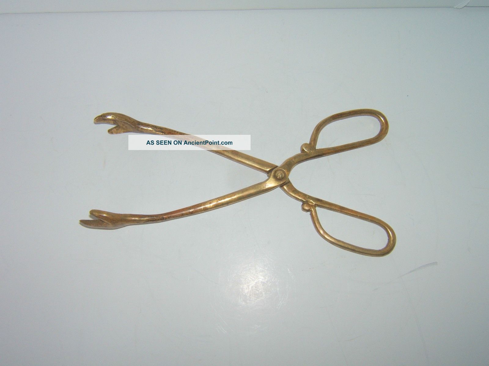 Antique Handcrafted Brass Fireplace Tongs / 10 3/4 
