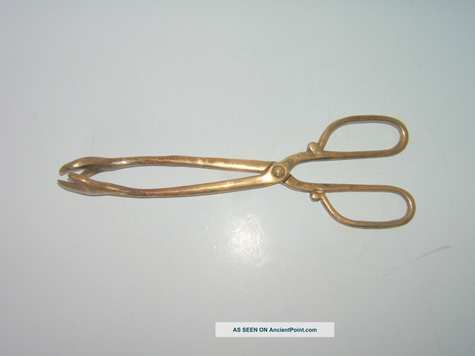 Antique Handcrafted Brass Fireplace Tongs / 10 3/4 " Long / Heavy 11 Oz.