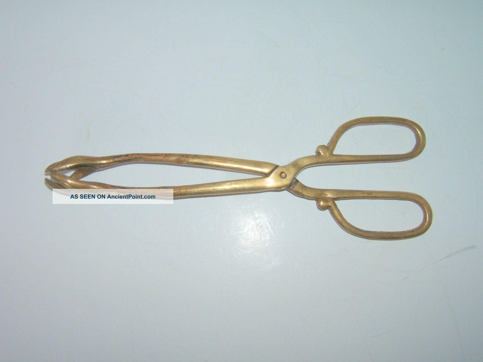 Antique Handcrafted Brass Fireplace Tongs / 10 3/4 " Long / Heavy 11 Oz.