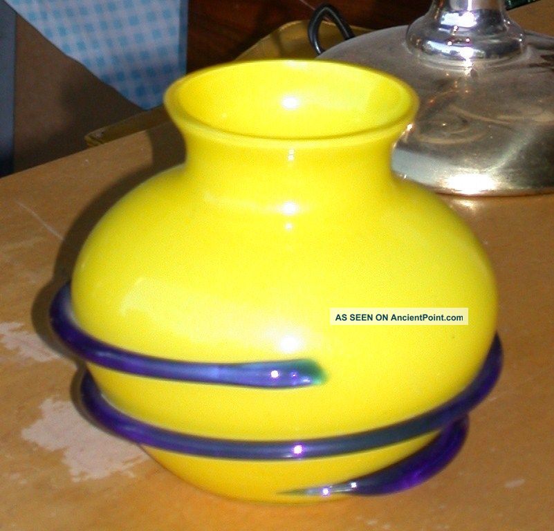 Maize And Blue Art Glass Vase - Bright Yellow And Cobalt - Mid-Century Modernism photo
