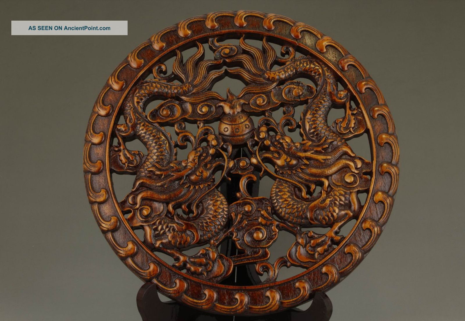 China Old Camphorwood Handwork Hollow Out Carving Twins Dragon Plate Decoration Paintings & Scrolls photo