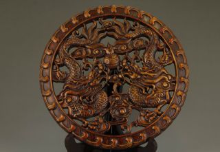 China Old Camphorwood Handwork Hollow Out Carving Twins Dragon Plate Decoration photo