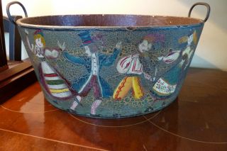Antique French Tole Painted Crackled Finish Toleware Paper Mache Washtub Basin photo