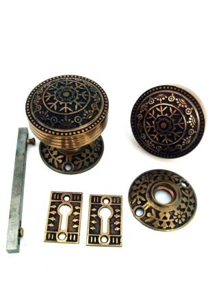 Antique Windsor Doorknobs Rosettes Key Covers Cast Bronze C.  1885 photo