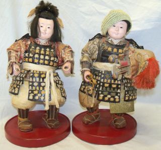 Pair Of 2 Old Antique Japanese Warrior Samurai Ningyo Musha Dolls photo