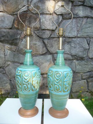 1950s Pair Vintage Danish Modern Incised Turquoise Pottery & Wood Table Lamps photo