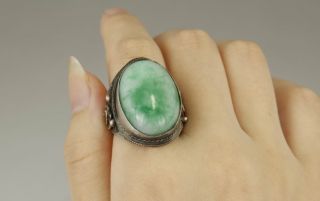 100% Good Chinese Old Tibet Silver Inlay Jade Flower Ring photo