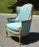 Vintage French Provincial Ornate Carved Peacock Turquoise Wingback Arm Chair Post-1950 photo 2
