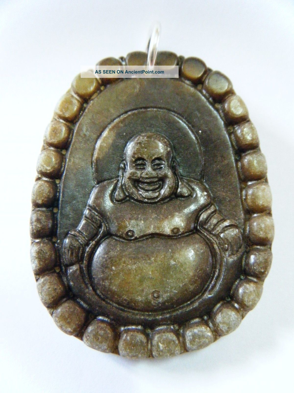 Antique Happy Buddha Pendant Chinese Old Jade Carving Amulet Silver Ring Necklaces & Pendants photo