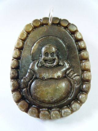 Antique Happy Buddha Pendant Chinese Old Jade Carving Amulet Silver Ring photo