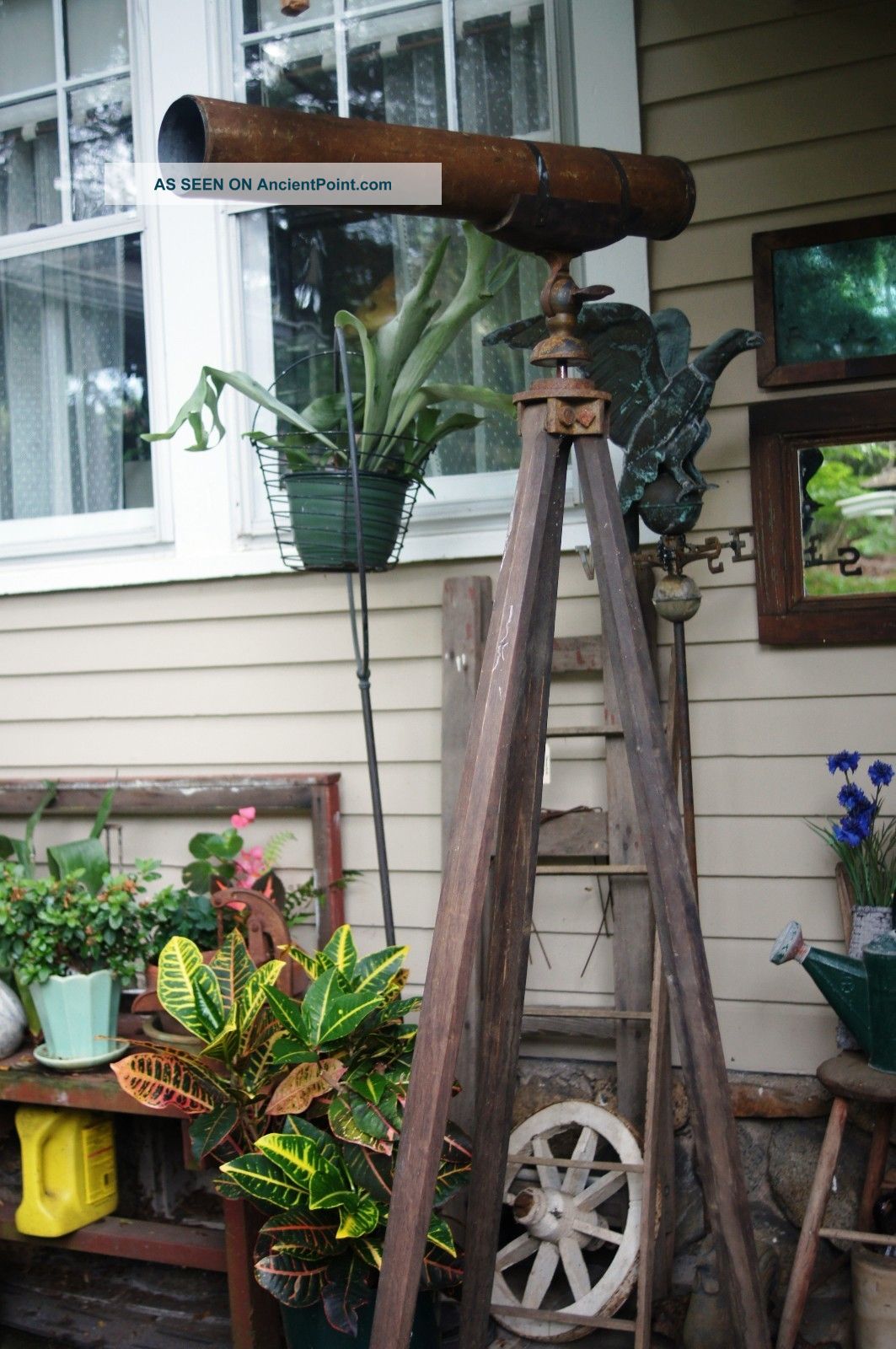 Primitive Antique Large Telescope On Tall Hand Carved Tripod Iron Holder Leather Primitives photo
