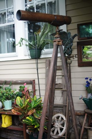 Primitive Antique Large Telescope On Tall Hand Carved Tripod Iron Holder Leather photo