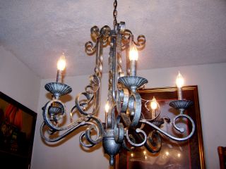 Vtg.  Large Shabby Swirled Wrought Iron Chandelier Hammered Look Light Fixture photo