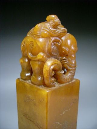 Excellent Old Shoushan Stone Hand - Carved Elephant & Child Seal Stamp 725g photo