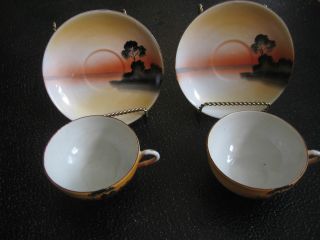 Vintage Handpainted Lusterware Teacup Saucer Japan Pair photo