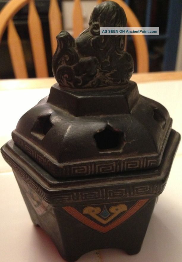 Antique Marked Nippon Stone Pottery Incense Burner Japan Lion Foo Dog Incense Burners photo