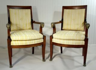 2 Antique French Empire Rams Head Chairs & Gilt Ormolu Circa 1820 - 1830 photo