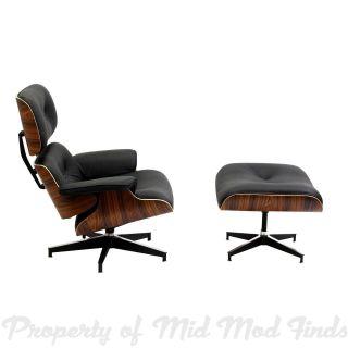 Eames Style Lounge Chair And Ottoman In Black Leather With Palisander Wood photo