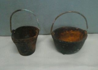 Rare Antique Cast Iron Toy Salesman Sample Mini Cauldron Kettle And Pot photo