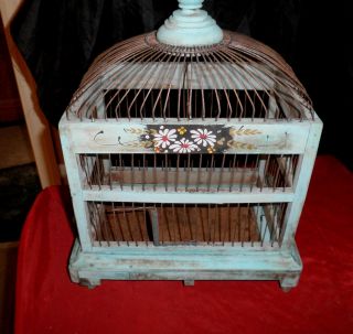 Vtg Antique Toleware Tole Hand Paint Green Folk Art Wood Wire Birdcage Bird Cage photo