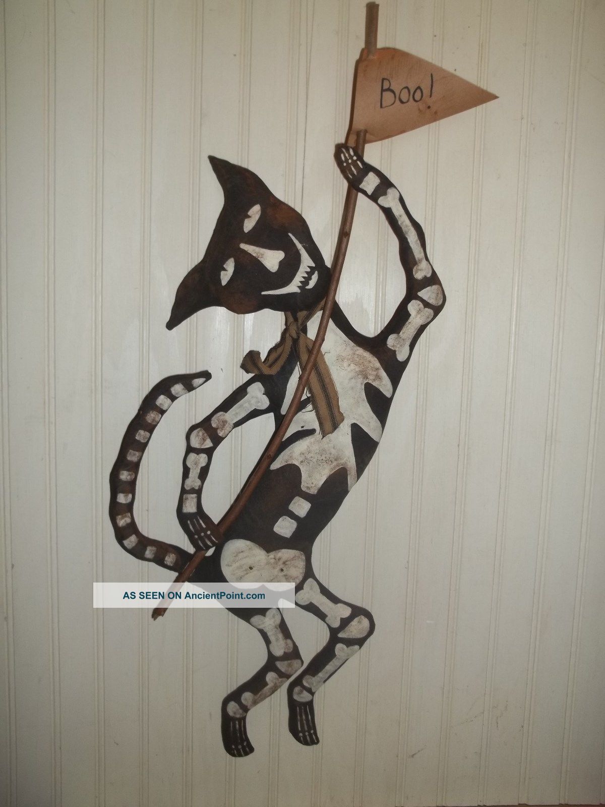 Primitive Grungy Folk Art Scary Skeleton Cat Halloween Door Greeter Doll Primitives photo