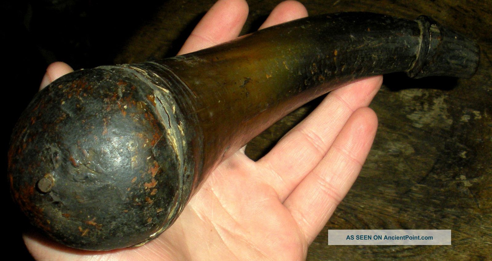 Antique 1700s Western Pennsylvania Powderhorn Burl Wood Plug Patina Primitives photo