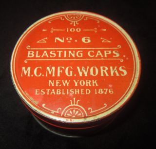 Rare Antique M.  C.  Mfg.  Works N.  Y.  1876 100 No.  6 Blasting Caps Round Circular Tin photo
