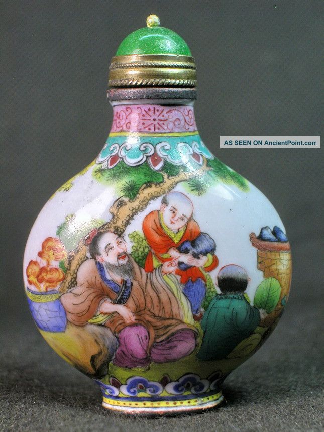 Eximious Chinese Elder With Boy Hand Painted Copper Enamel Snuff Bottle Snuff Bottles photo