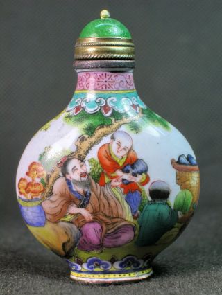 Eximious Chinese Elder With Boy Hand Painted Copper Enamel Snuff Bottle photo