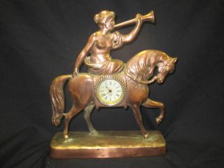 Antique Golden Novelty Metal Mantel/shelf Clock Lady Godiva On Horse Copper photo