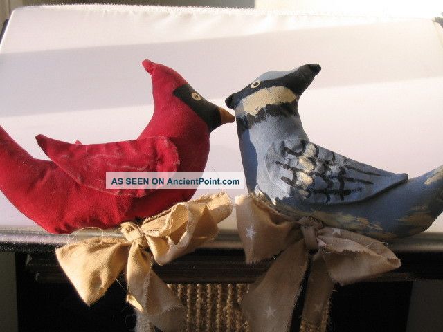 Primitive Folk Art Handcrafted Hand Painted Birds / Blue Jay & Cardinal Primitives photo