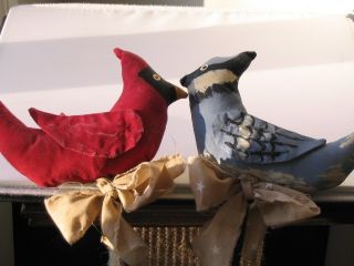 Primitive Folk Art Handcrafted Hand Painted Birds / Blue Jay & Cardinal photo