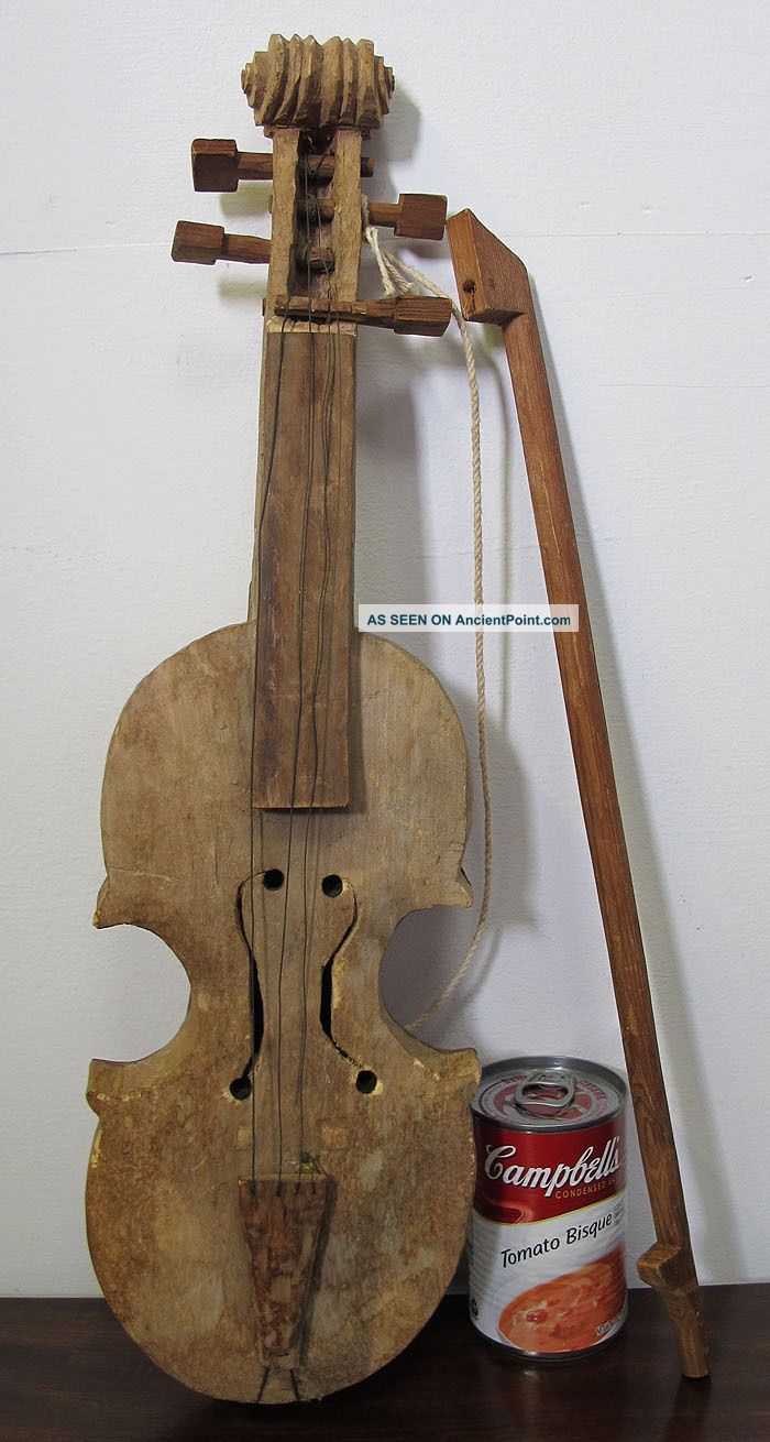 Antique Folk Art Primitive Carved Whittled Violin / Fiddle And Bow Gotta See Yqz Primitives photo