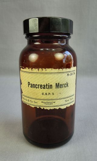 Vtg Merck Amber Glass Apothecary Bottle W Bakelite Lid Cap Pancreatin photo