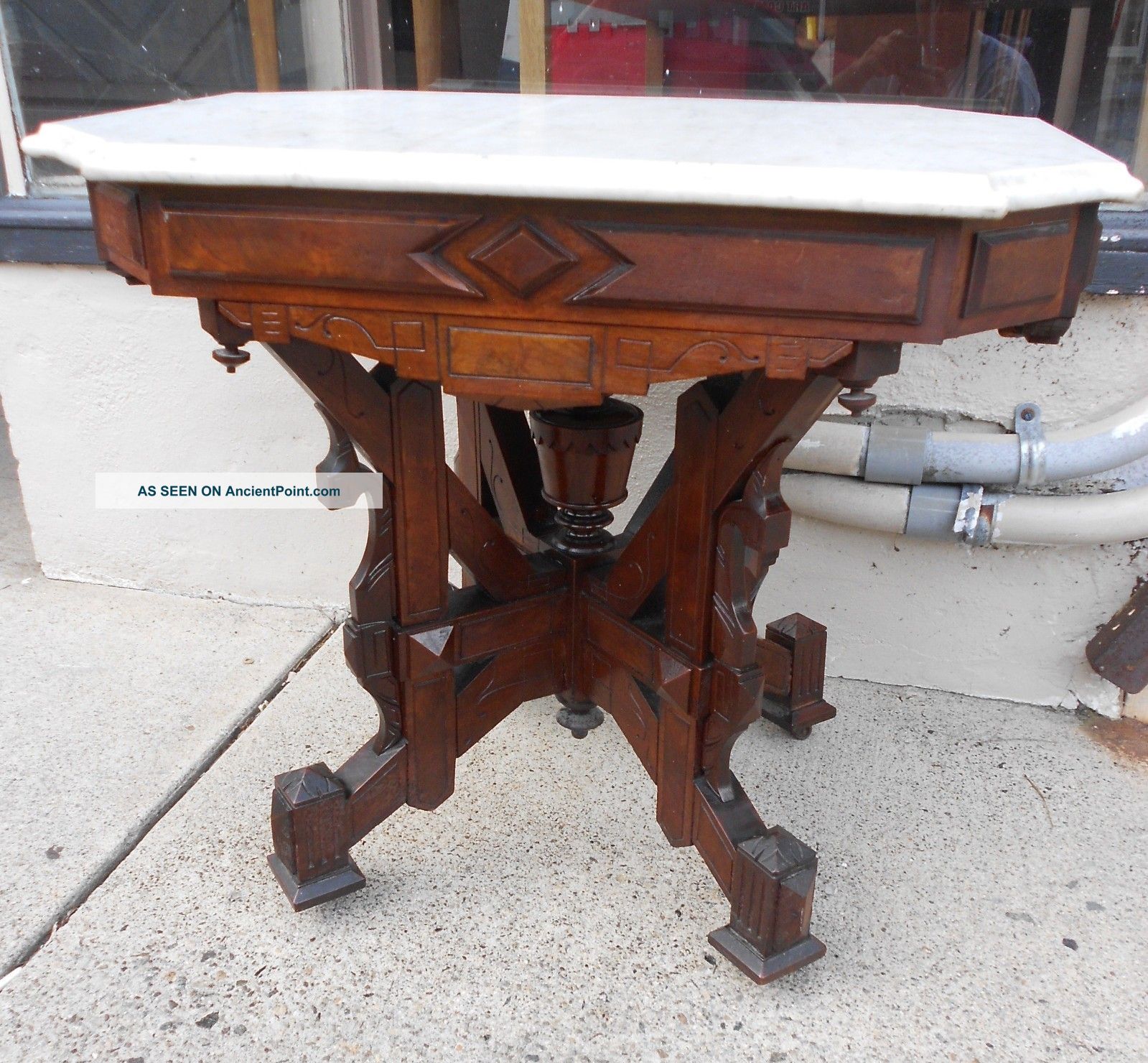 Victorian Eastlake Renaissance Revival Marble Top Table W Carved Walnut Base,Haworthia Succulent