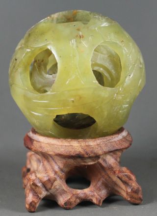 Chinese Natural Jade Hand - Carved Statue Jade Ball With A Wood Stand 2.  2 Inch photo