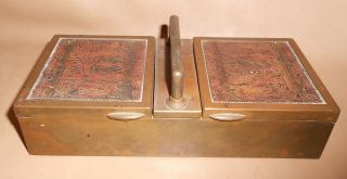 Antique German Brass & Wood 2 Lid Embossed Trinket Humidor Box Egyptian 7.  5x3.  5 photo
