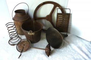 7 Primitive Metal Make - Do Rusty Decor Cream Can Beater Nodder Bucket Wheel photo