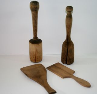 Primitive Wood Kitchen Tools Vintage Rustic Decor Masher Scraper Utensils photo