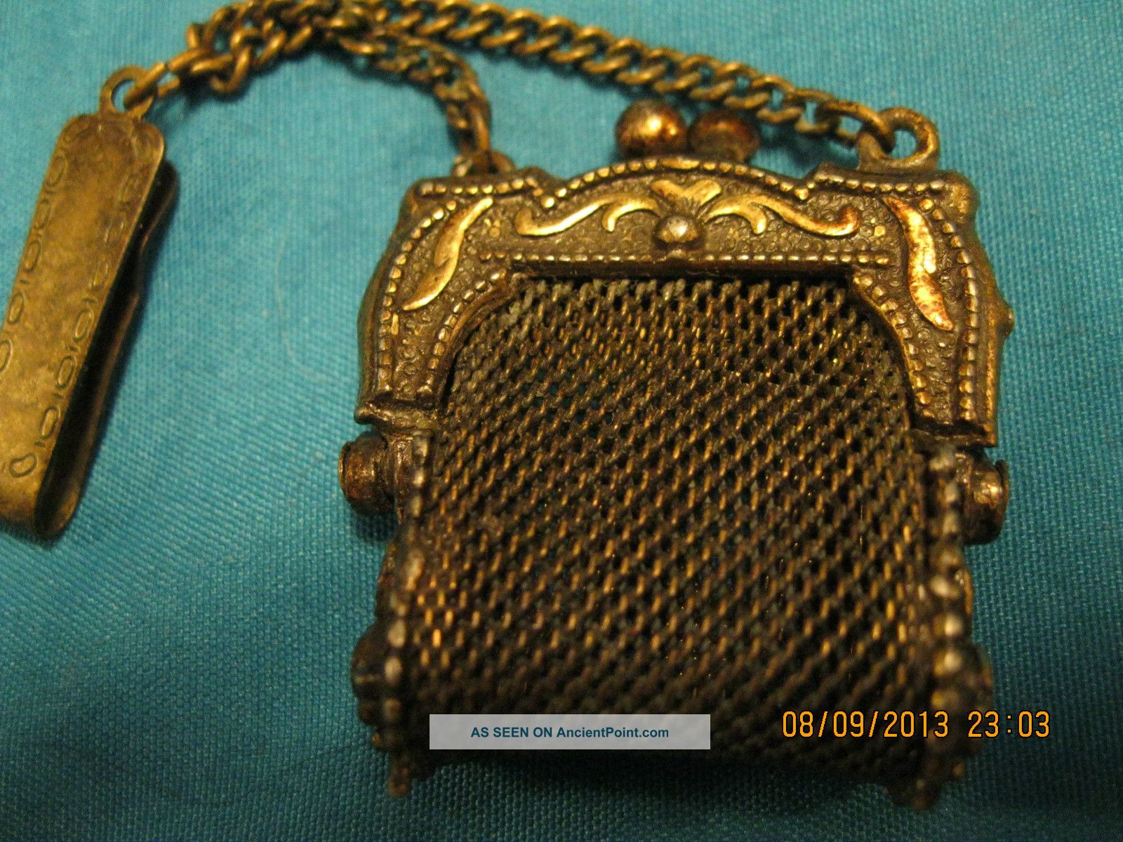 Antique Victorian Brass Mesh Coin Purse With Fob For Belt Victorian photo