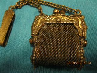Antique Victorian Brass Mesh Coin Purse With Fob For Belt photo