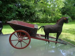19th C Antique American Pull Toy Coal Wagon Cart Trap Mohair Horse Philadelphia photo