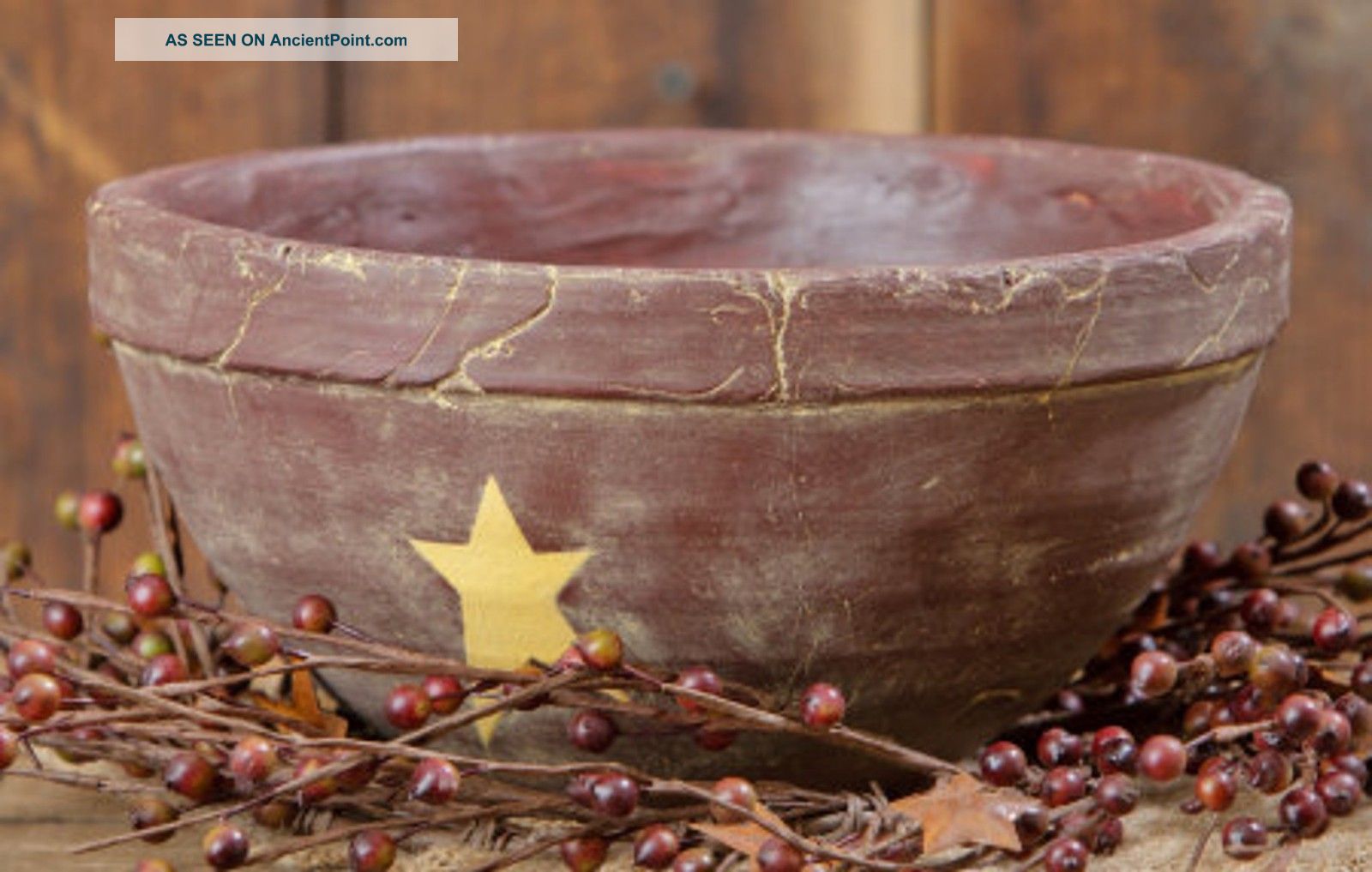 Large Brick Red & Country Star Primitive Crockery Dough Bowl Rustic Aged Finish Primitives photo