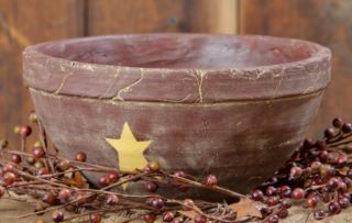 Large Brick Red & Country Star Primitive Crockery Dough Bowl Rustic Aged Finish photo